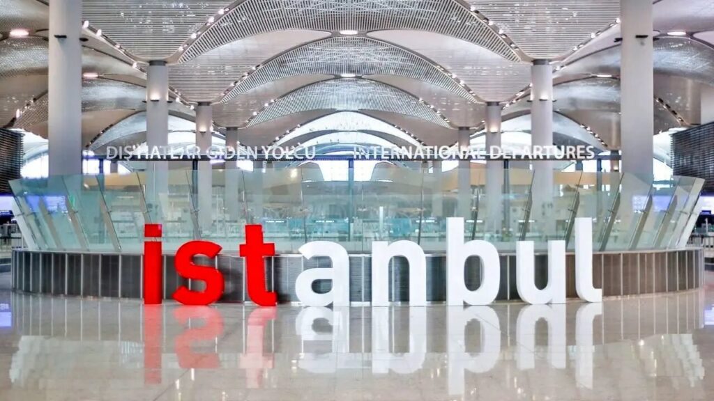 View-Of-Internal-Hall-In-New-Istanbul-Airport-With-Sign-Of-Istanbul-In-Red-And-White-Colour